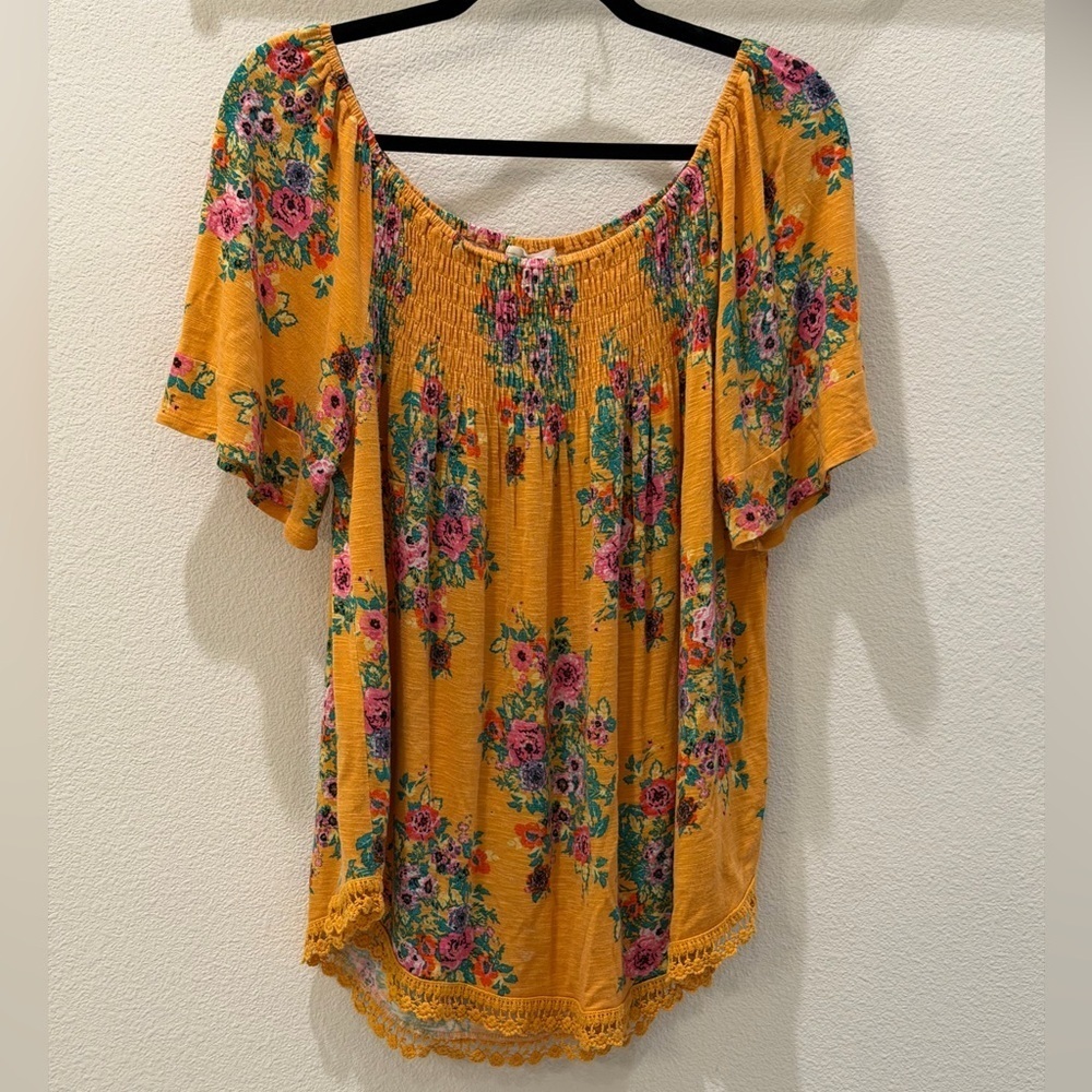 Eyeshadow XL Mustard Floral Peasant Top Boho Off Shoulder Lace Hem - Picture 2 of 5